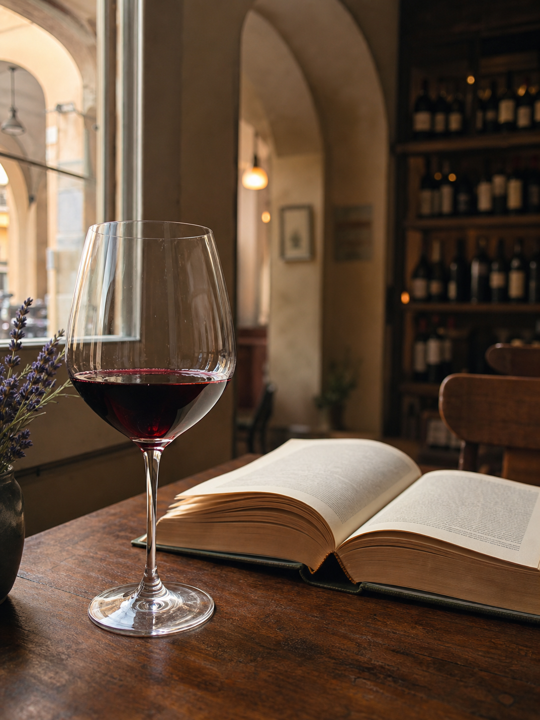 Un calice di vino accanto a un libro aperto